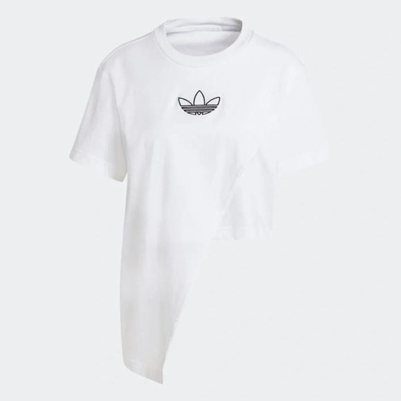 Adidas Asymmetrical Hem White T-Shirt Trefoil Embroidered Black Logo - Picture 4 of 10